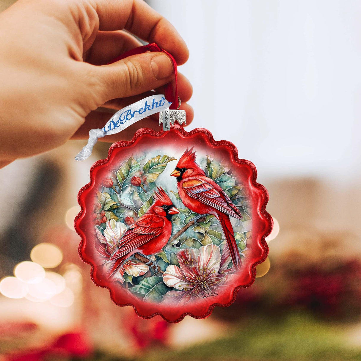 Cardinals Wreath Glass Ornament by G. Debrekht - Wildlife Holiday Decor - 759-052