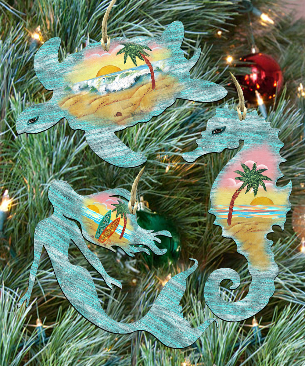 Coastal Wooden Ornaments-Sea Turtle,Mermaid,Seahorse Set of 3 by G. DeBrekht - Coastal Holiday Decor - 8100045S3