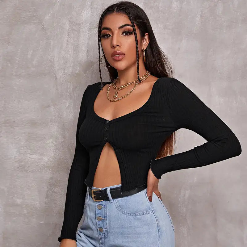 Long Sleeved Crop Cardigan Top Sexy Button Knit T-shirt - Lootquake