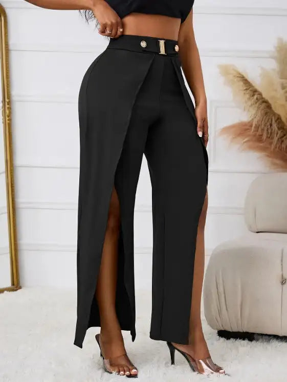 Ladies' Solid Color Belt, Loose Wide Leg Slit, Elegant Straight Leg Pants - Lootquake