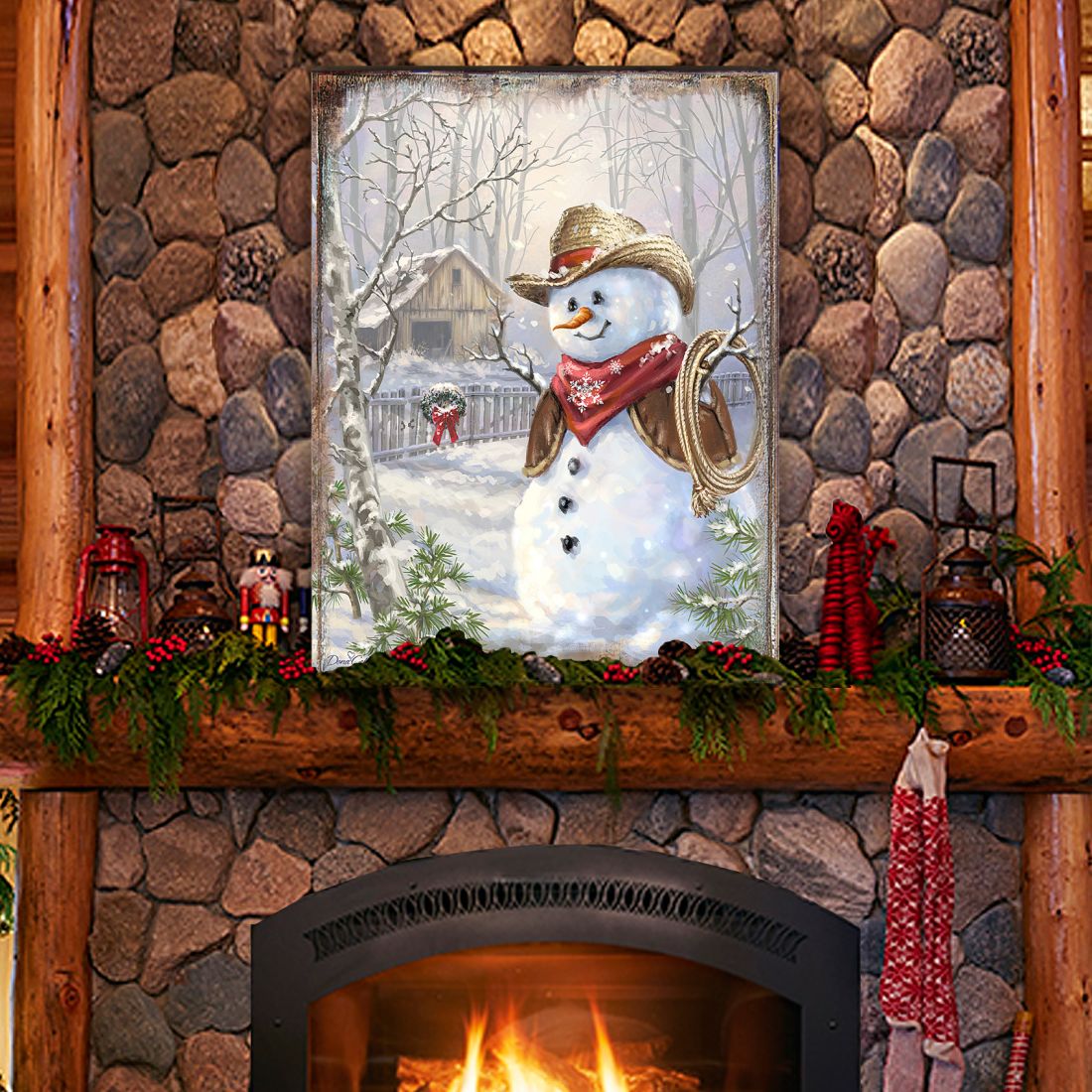 Cowboy Snowman Art Wooden Wall Art by D. Gelsinger - Christmas Santa Snowman Decor - 95604B-1541