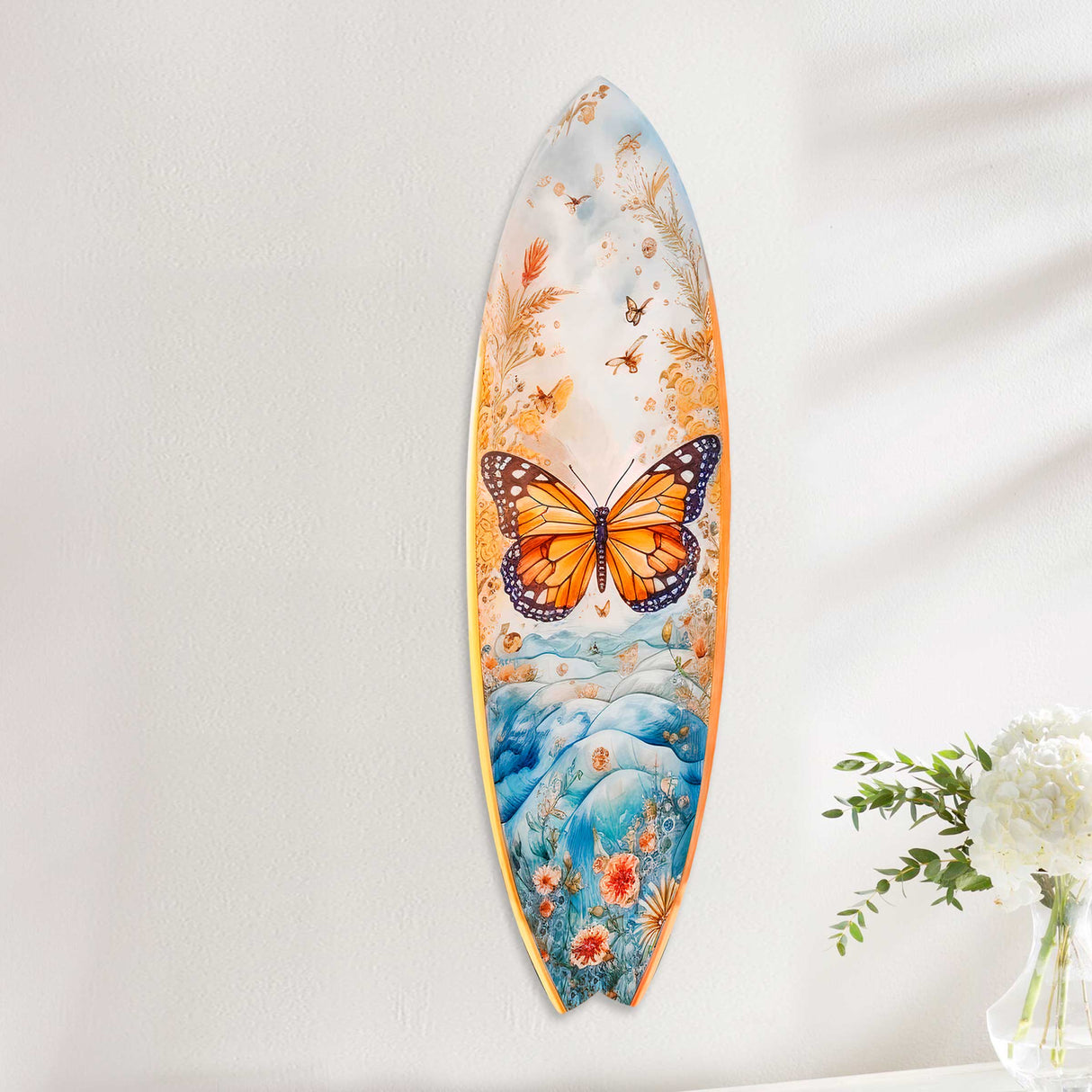 Orange Monarch Butterfly Surfboard Coastal Wall Art by G. DeBrekht - Coastal Holiday Decor - 8490110HS