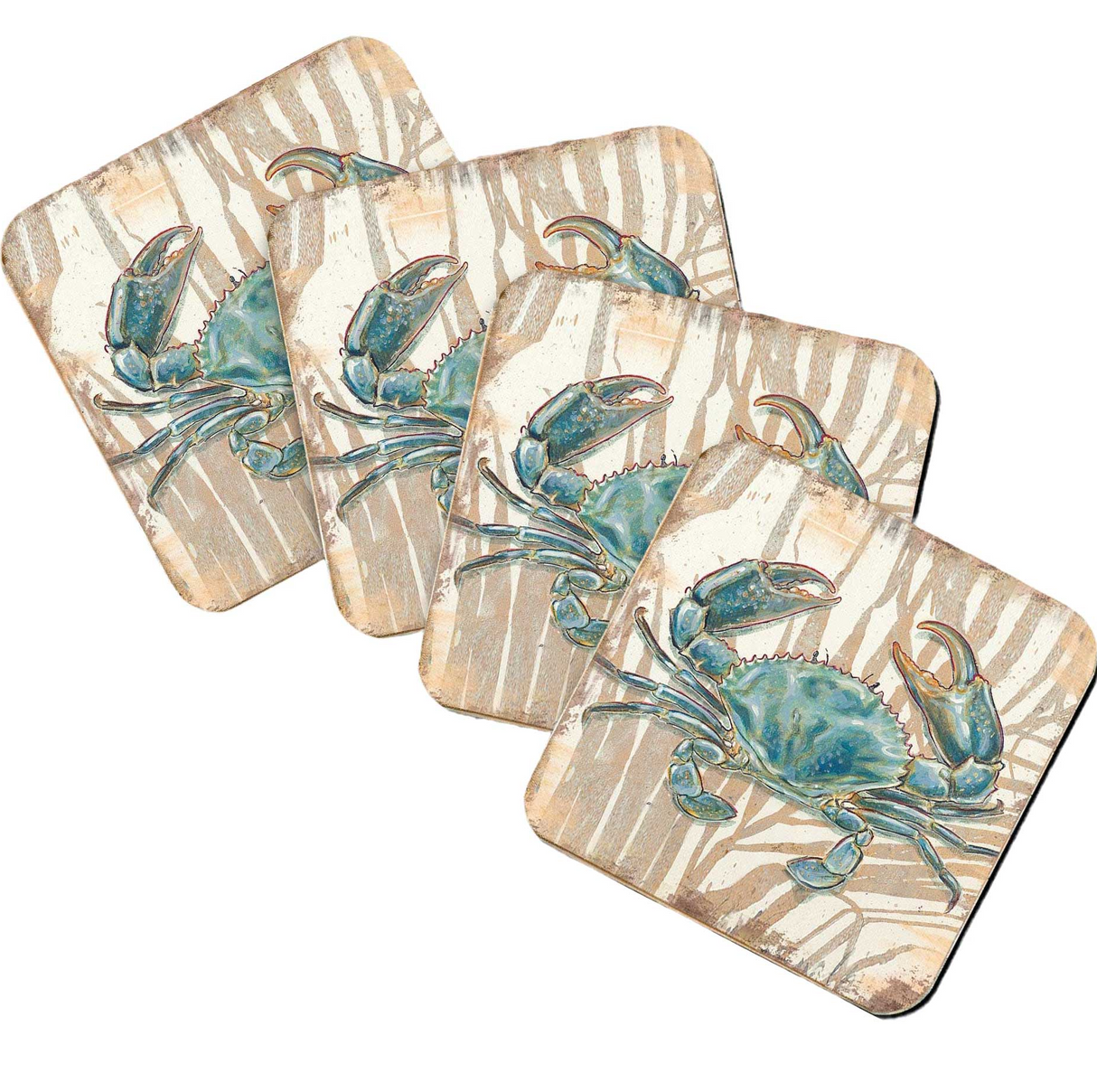 Crab Wooden Cork Coastal Coasters Gift Set of 4 by Nature Wonders - 95224-2C-S4