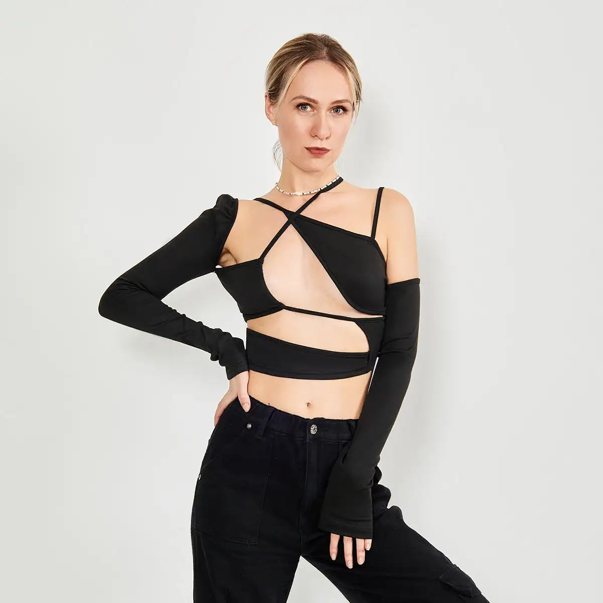 Long Sleeve Top Cut Out Asymmetrical Neck - Lootquake
