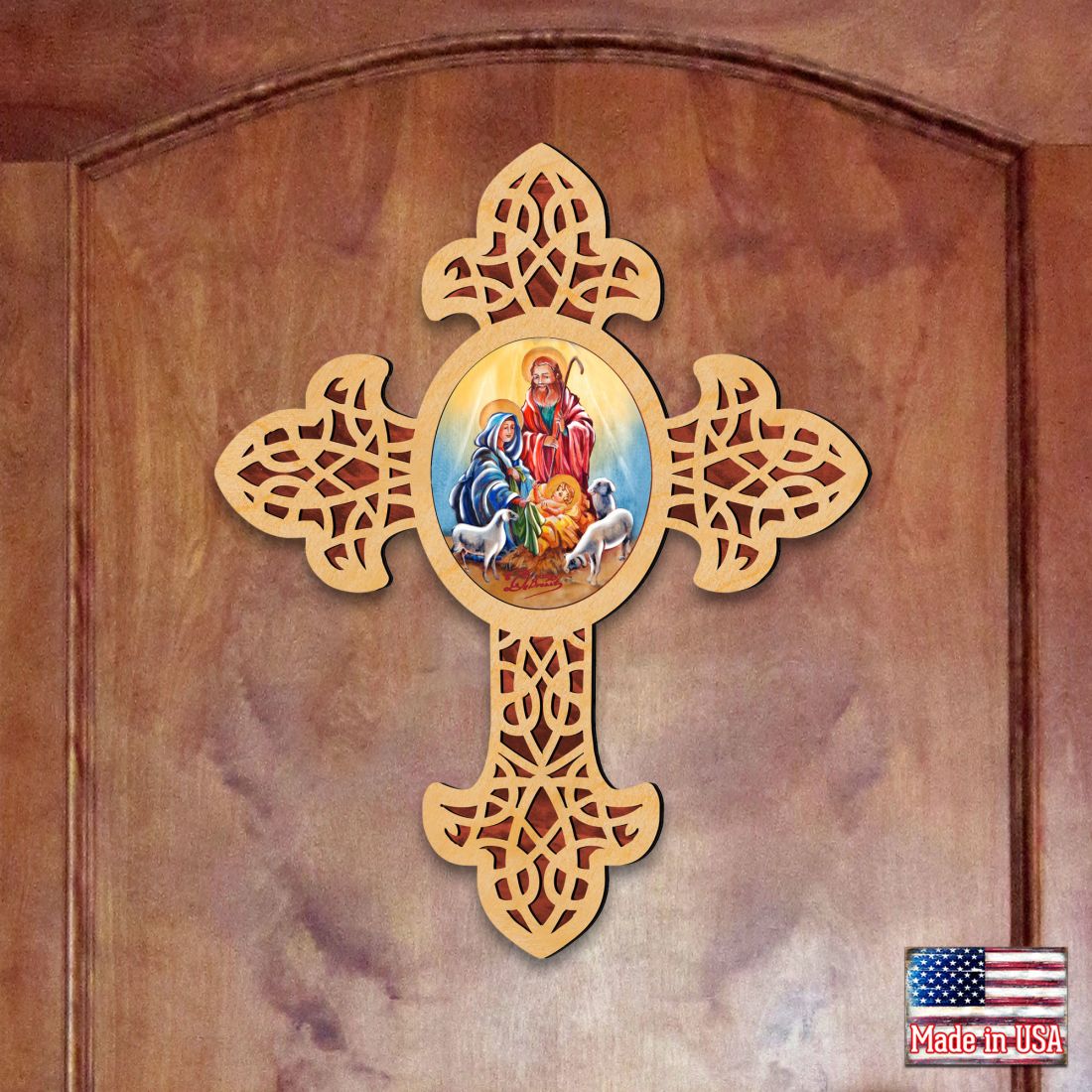 Holy Family Pointy Wooden Cross by Museum Icons - Inspirational Icon Decor - 88350