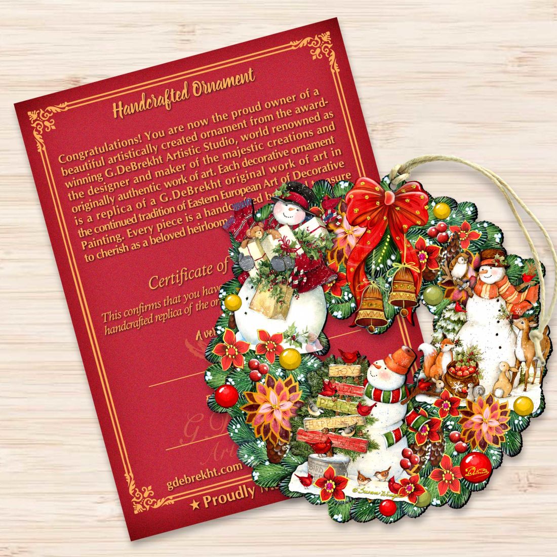 Snowy Christmas Wreath Wooden Ornaments by G. Debrekht and Susan Winget - Santa and Snowman Decor - Item 8185307-4-SW