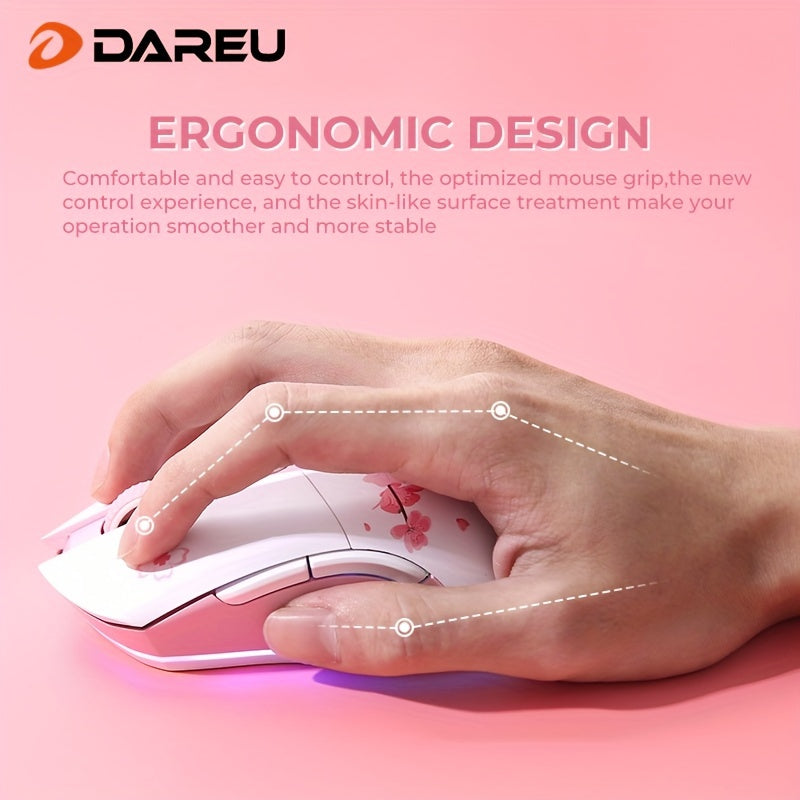 DAREU Sakura Pink Wireless Gaming Mouse - 12K DPI, RGB Rechargeable, 7 Programmable Buttons, Charging Dock Stand, Dual Mode for PC/Laptop/Mac - The Perfect Gift for Birthdays, Valentines, Halloween, Easter, and Girlfriends