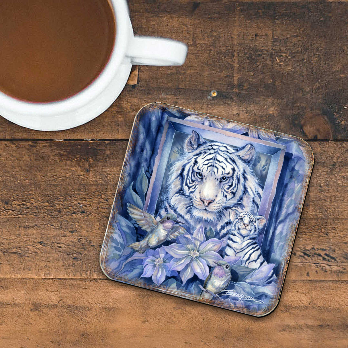 Tiger in the Garden Wooden Cork Coasters Gift Set of 4 by J. Bergsma - Wildlife Decor - 8199461C-S4