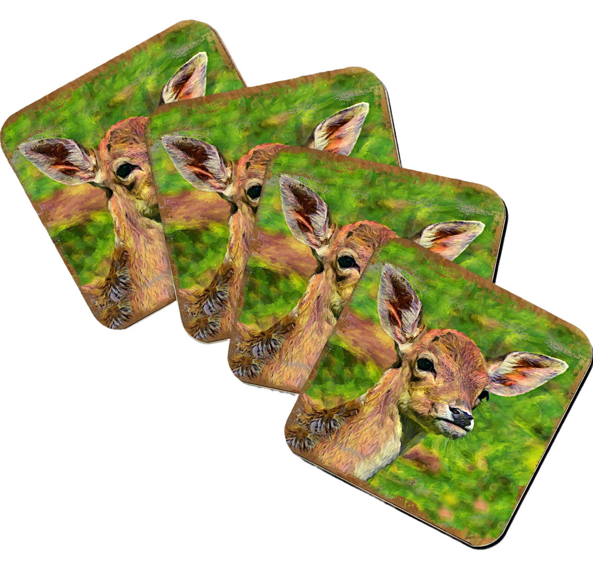 Deer Face Wooden Cork Coasters Gift Set of 4 by Nature Wonders - Nature Wildlife Decor - 95288C-S4