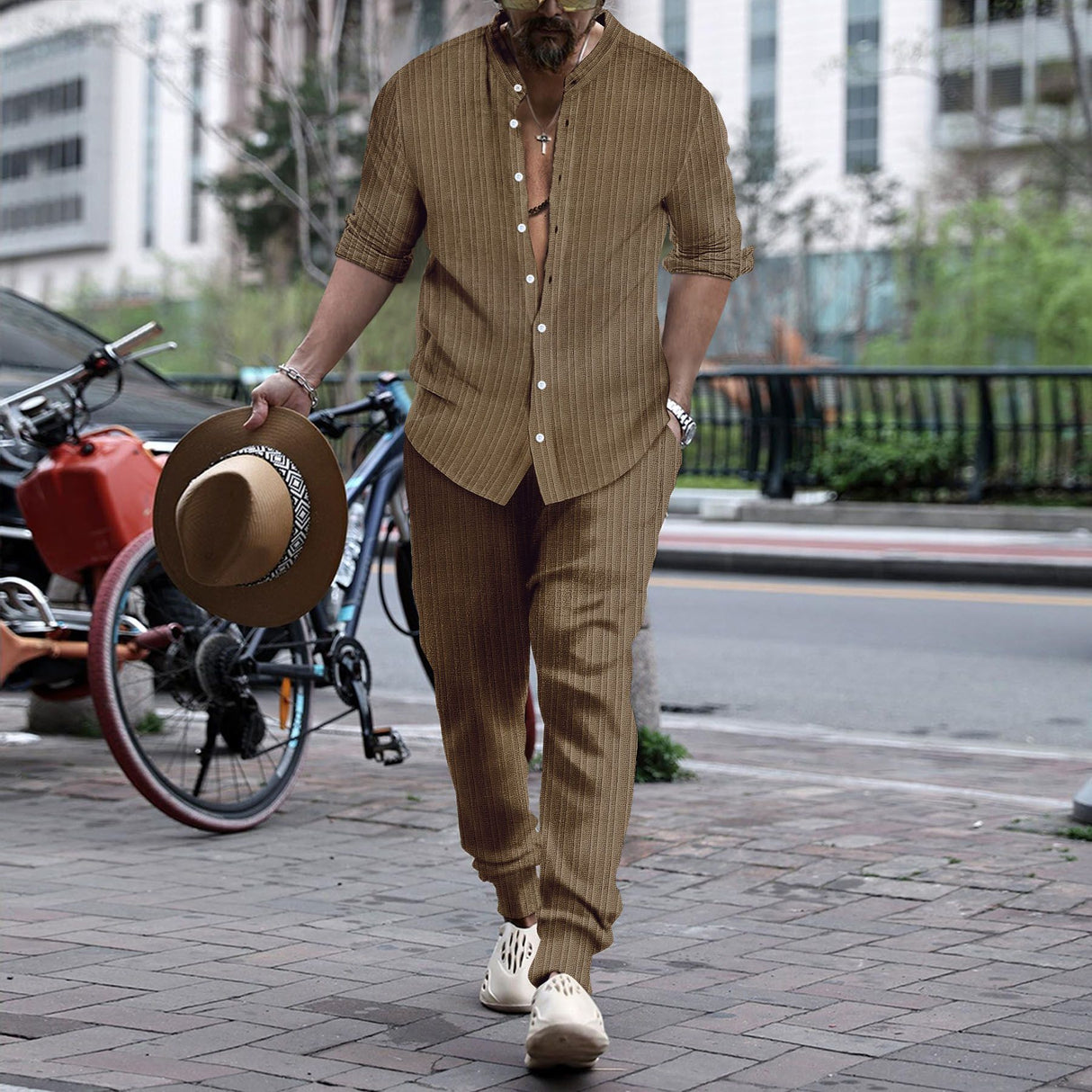 Men's Striped Hengli Collar Shirt Trousers - Lootquake