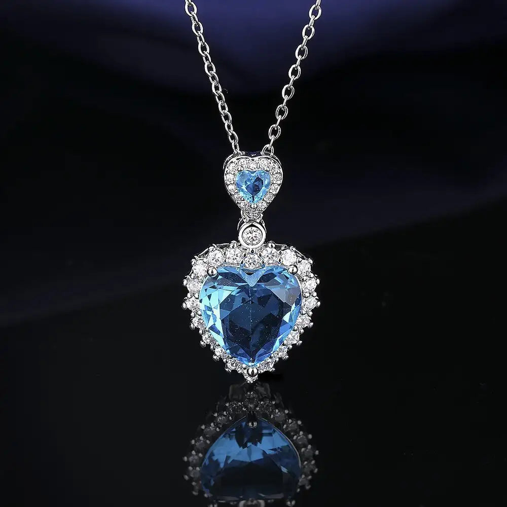 European And American Aquamarine Colored Gems Necklace Ear Stud Ring Women's - Lootquake