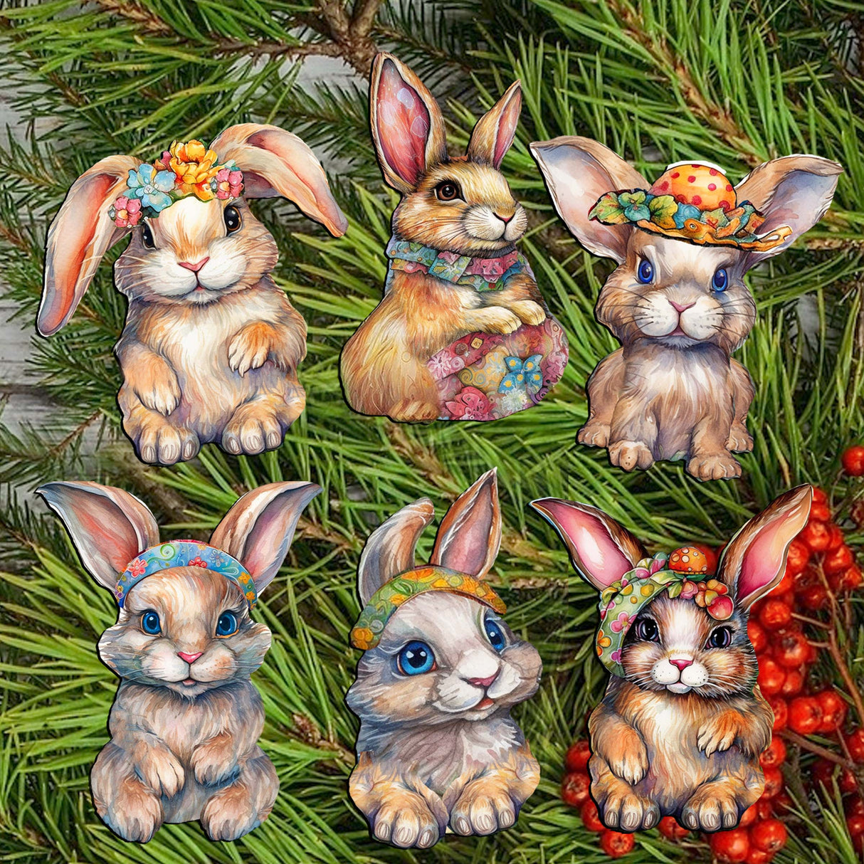 Easter Bunnies Decorative Wooden Clip-on Ornaments Set of 6 by G. Debrekht - Easter Decor - 8090042C-S6