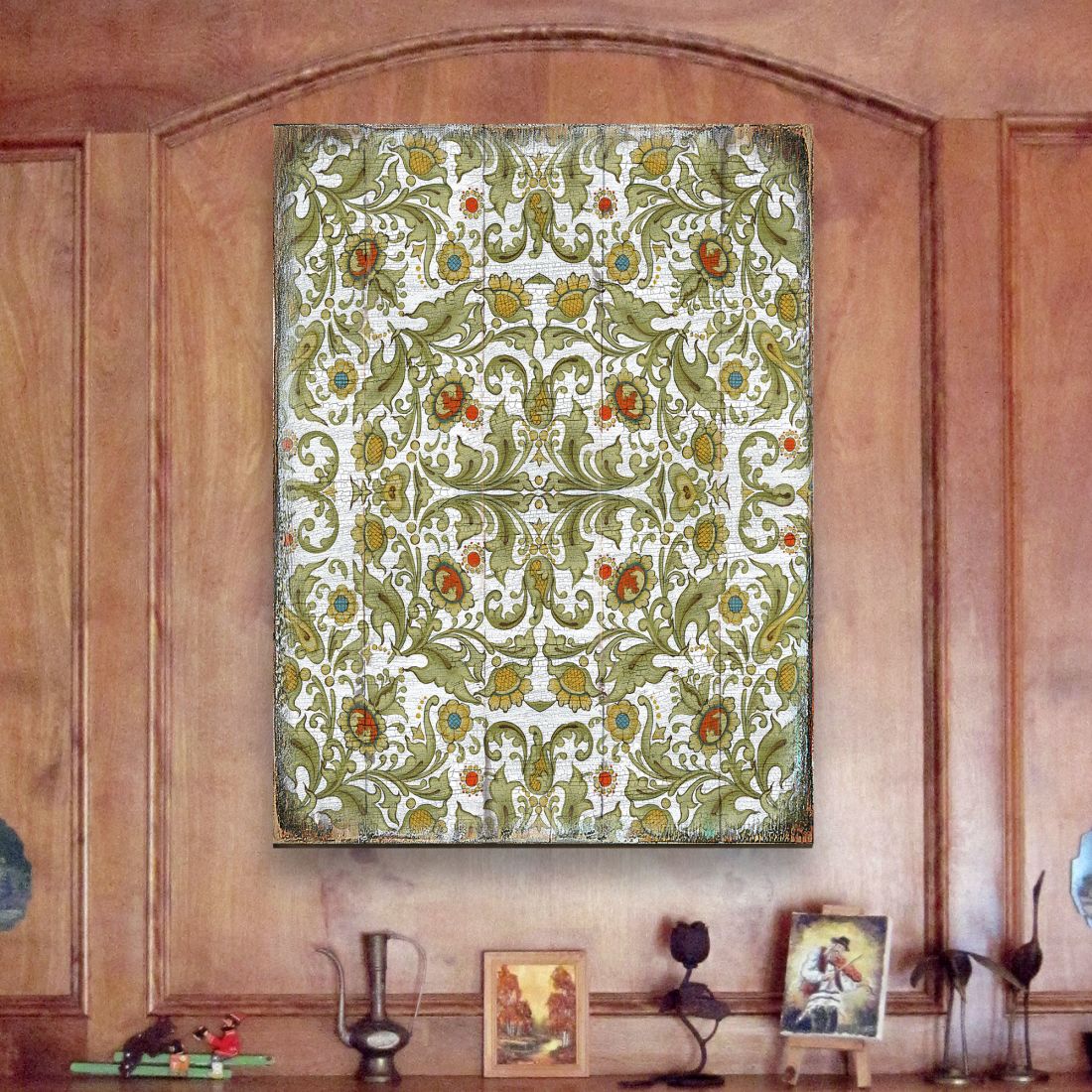 Arte mural rústico de madera con flores doradas y verdes de G. DeBrekht - Decoración floral ornamental - 95011B