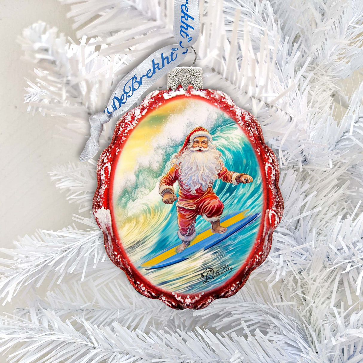 Coastal Christmas Ornaments Santa on the Surfboard Keepsake Glass Ornaments by G. Debrekht - Coastal Holiday Decor - 777392