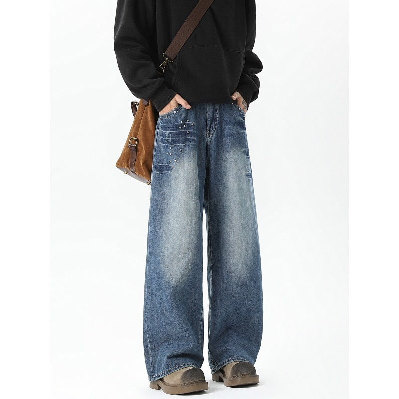 Men's Rivet Washed Jeans Loose - Lootquake