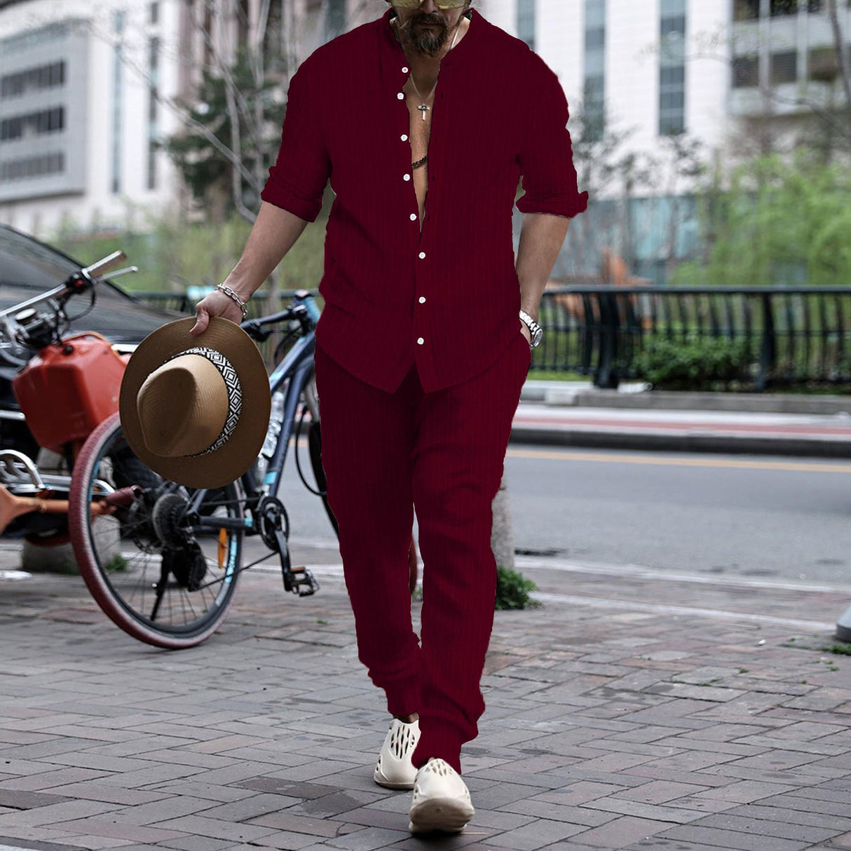 Men's Striped Hengli Collar Shirt Trousers - Lootquake