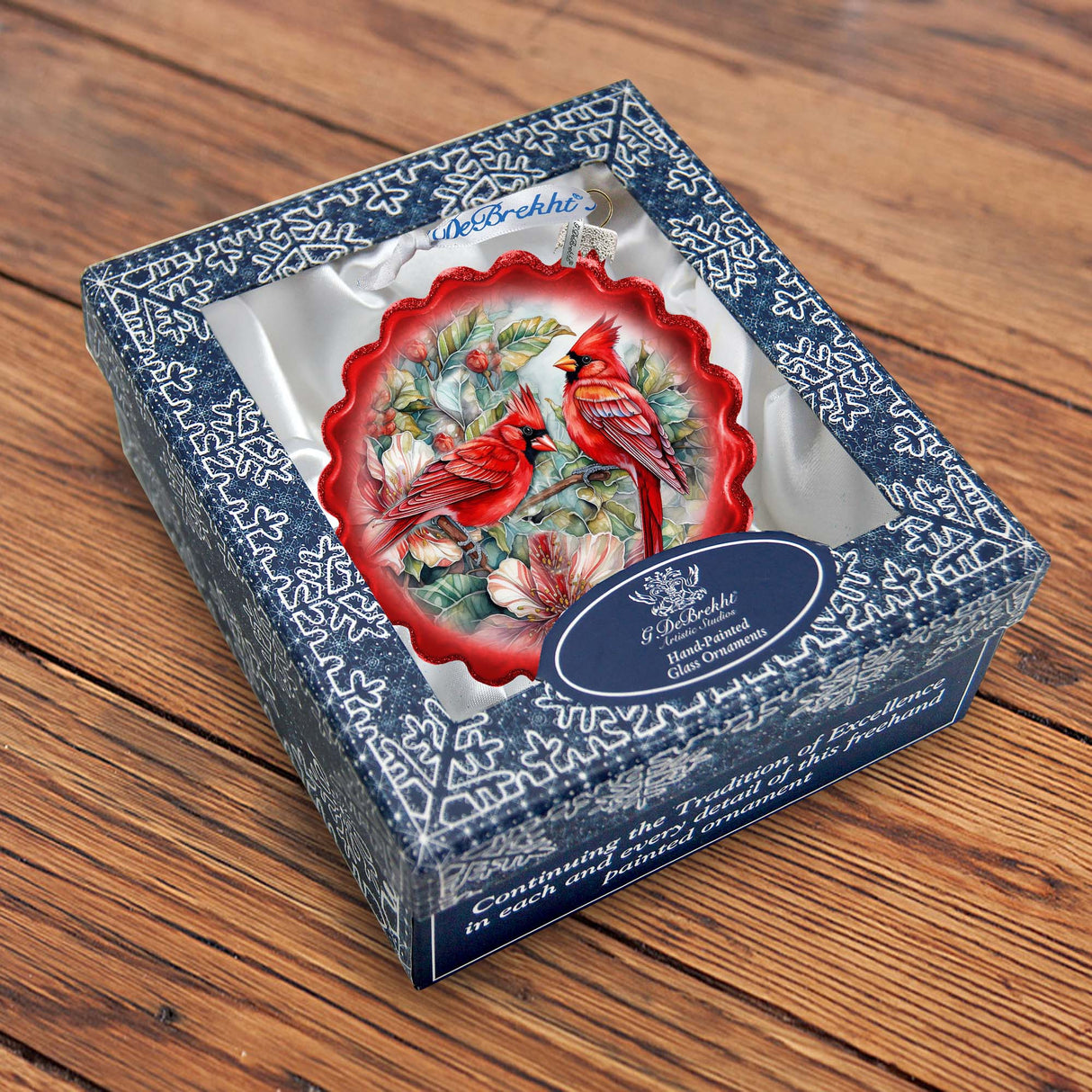 Cardinals Wreath Glass Ornament by G. Debrekht - Wildlife Holiday Decor - 759-052