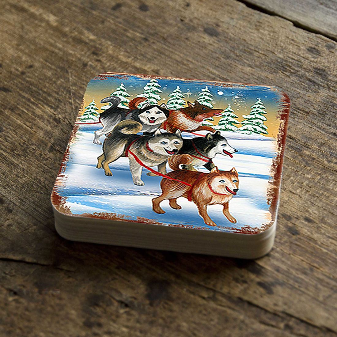 Huskies Wooden Cork Coasters Gift Set of 4 by Nature Wonders - Nature Wildlife Decor - 95378C-S4