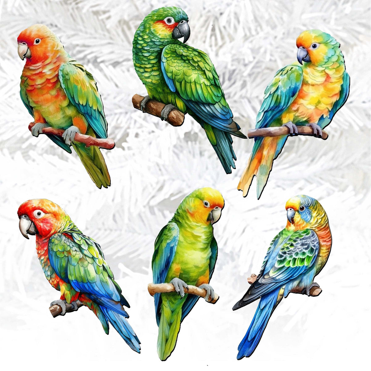 Parrots Decorative Wooden Clip-on Ornaments of 6 by G. Debrekht - Christmas Decor - 8090013C-S6