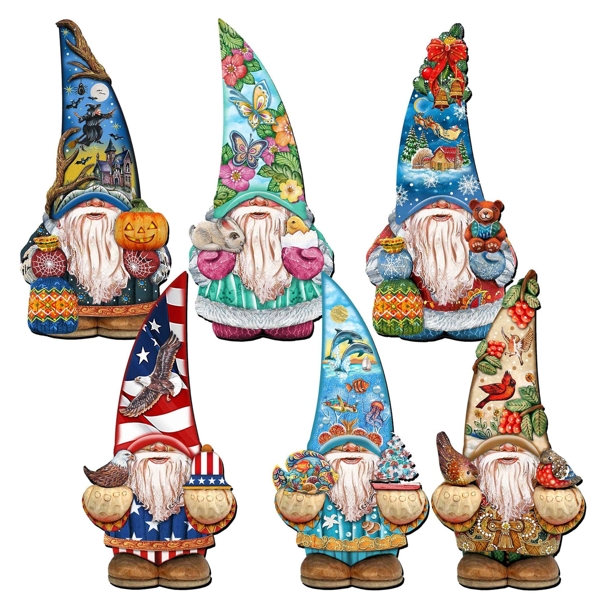 Holiday Gnomes Decorative Wooden Clip-on Ornaments Set of 6 by G. Debrekht - Christmas Decor - 8090138C-S6