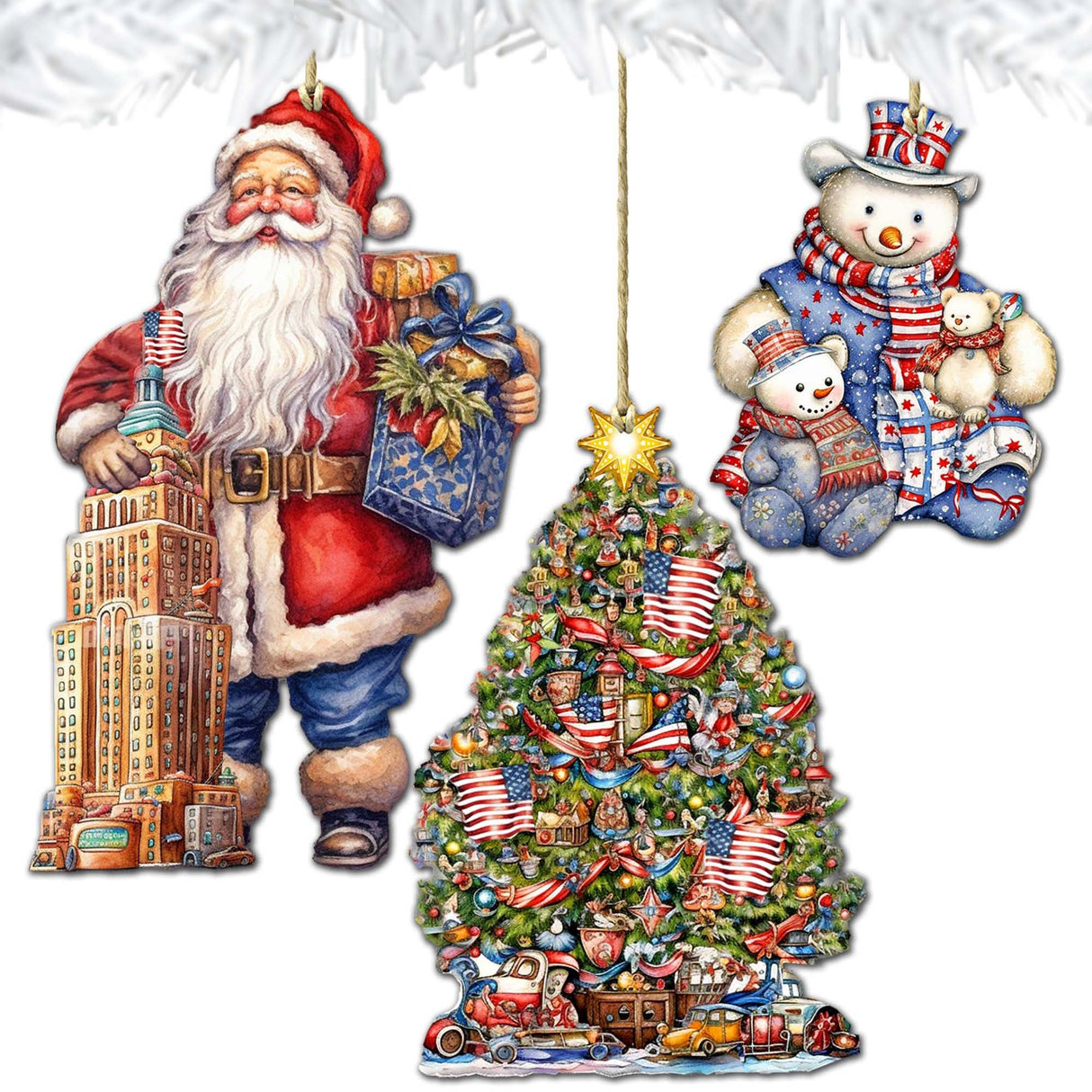 Santas Around the World - American Inspired Santa - Wooden Ornaments Set of 3 by G. DeBrekht Christmas Santa Snowman Decor - 8091301S3