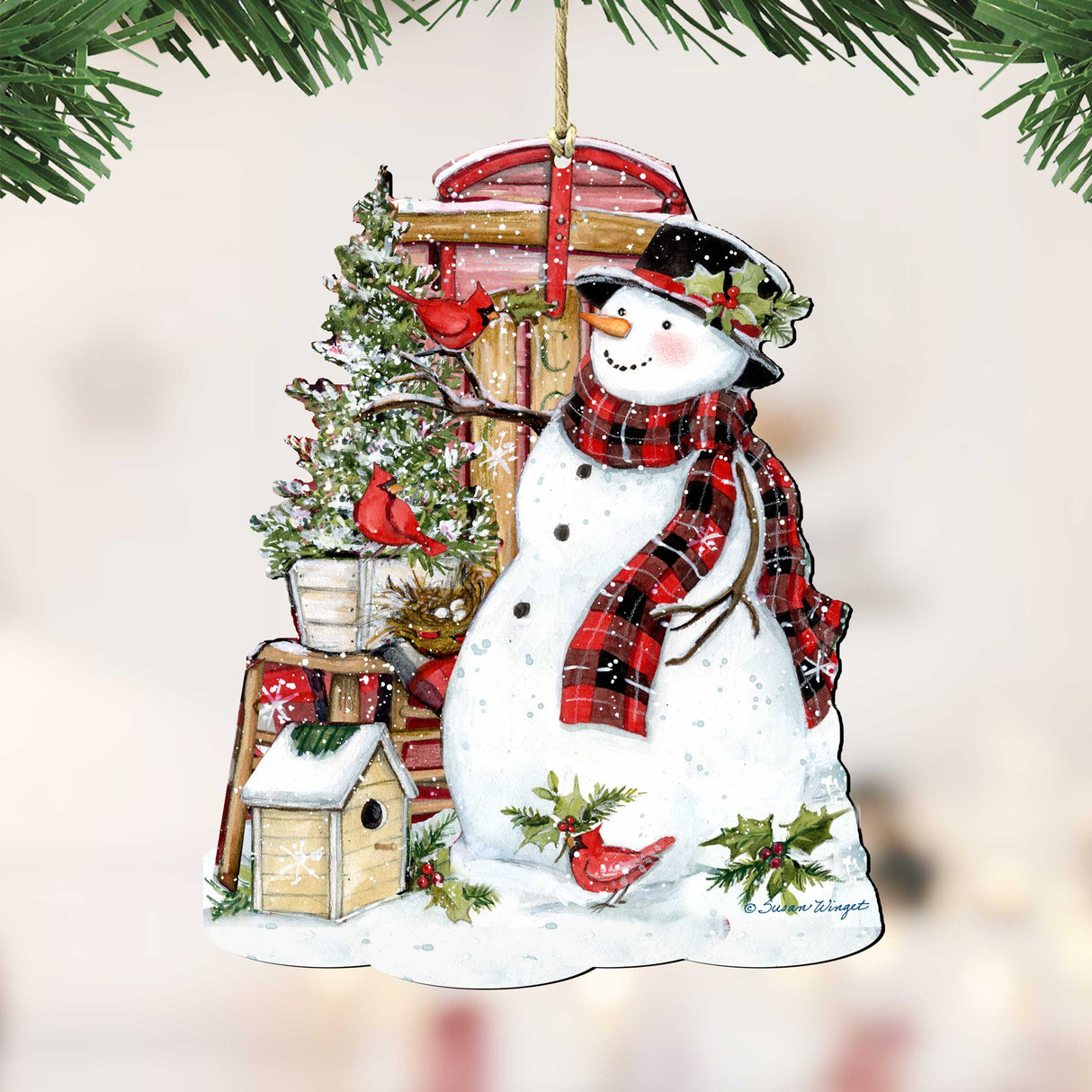 Christmas Decoration Snowman with Cardinals - Handmade Wooden Christmas Tree Ornament by Susan Winget - 8471115-SW