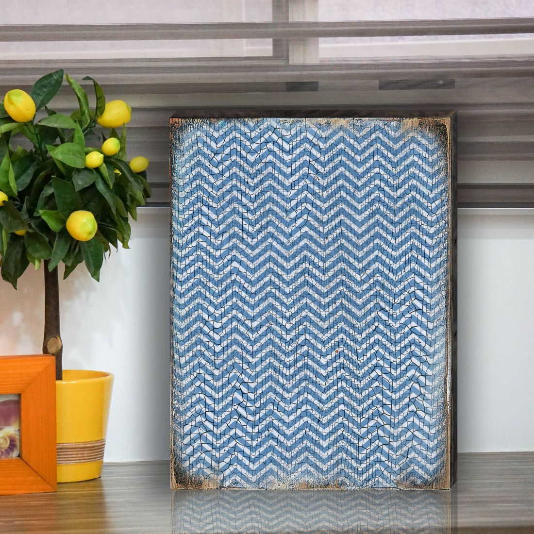 Blue Chevron Stripes Rustic Wooden Wall Art by G. DeBrekht - Floral Ornamental Decor - 95009B