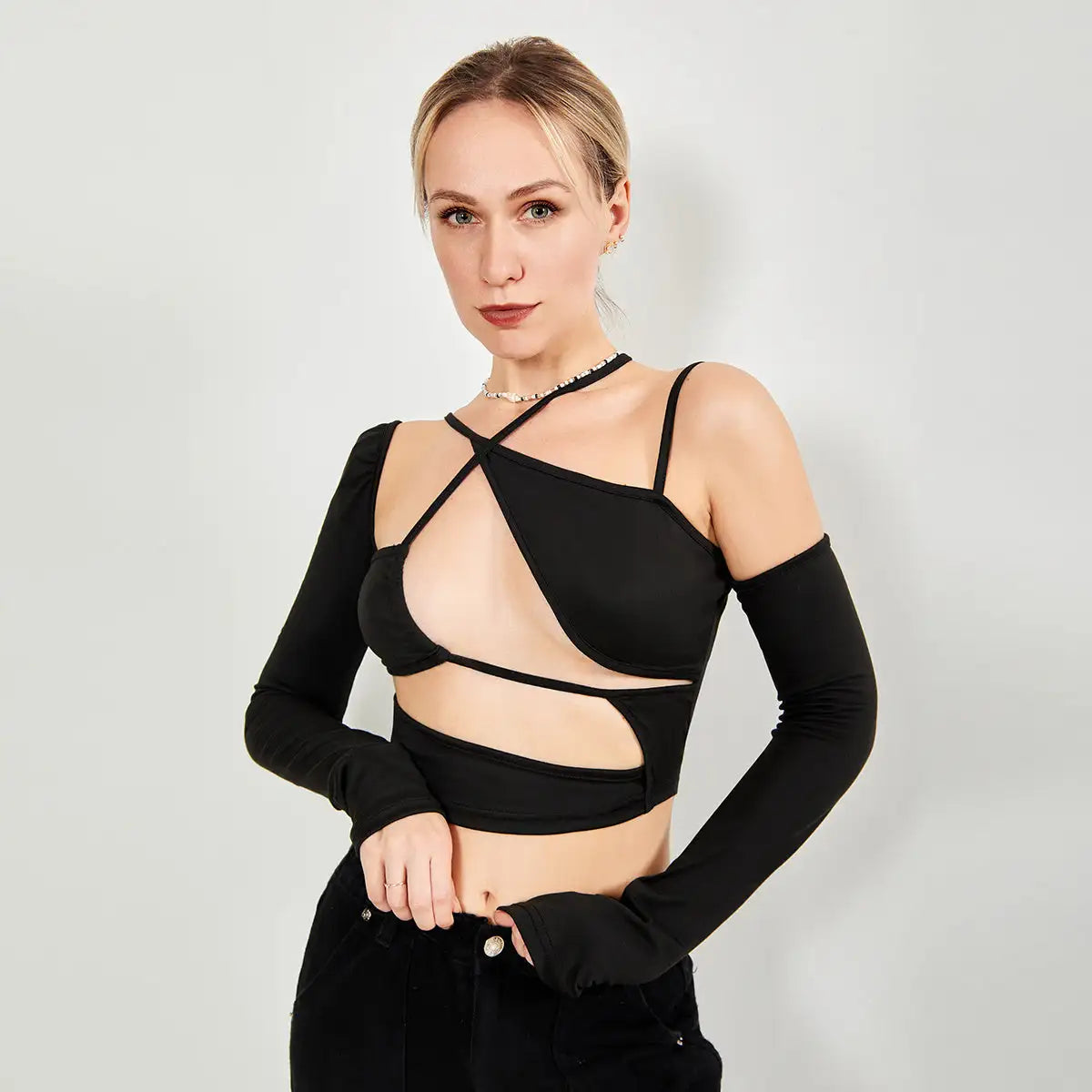 Long Sleeve Top Cut Out Asymmetrical Neck - Lootquake