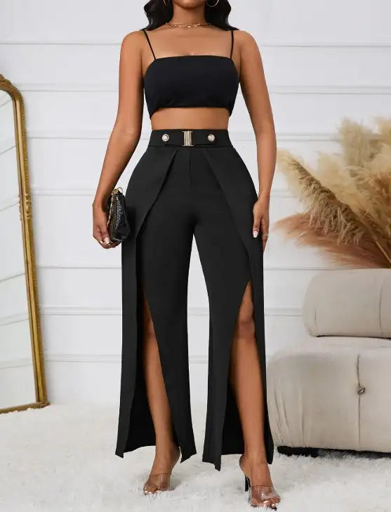 Ladies' Solid Color Belt, Loose Wide Leg Slit, Elegant Straight Leg Pants - Lootquake