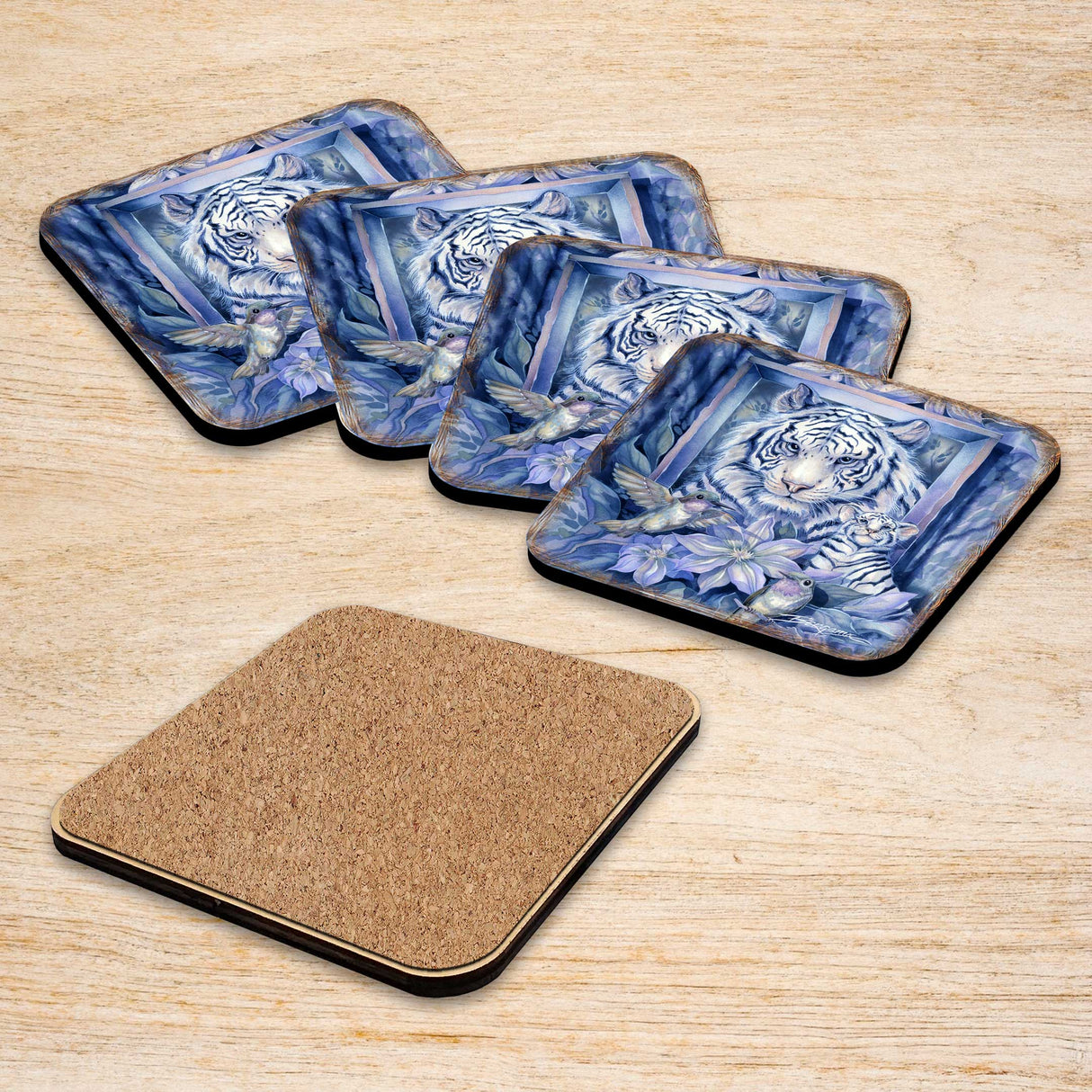 Tiger in the Garden Wooden Cork Coasters Gift Set of 4 by J. Bergsma - Wildlife Decor - 8199461C-S4