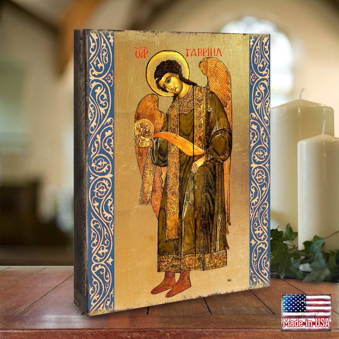 Icono religioso cristiano sagrado de madera bañado en oro de San Gabriel Arcángel - Decoración inspiradora - 85041