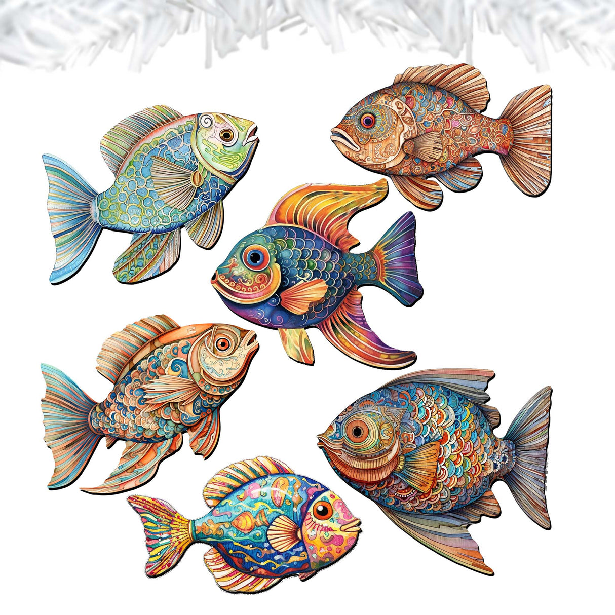 Coastal Fish Decorative Wooden Clip-on Ornaments Set of 6 by G. Debrekht - Coastal Decor - 8090034C-S6