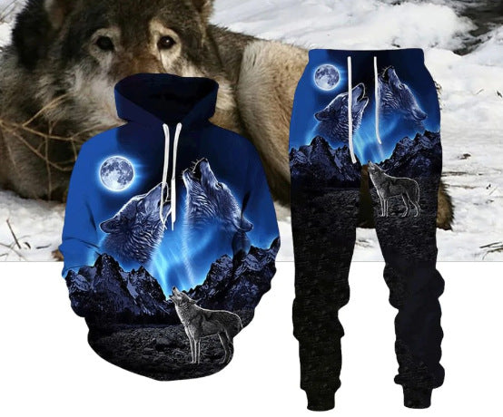 Digital Wolf Pattern Hoodie Sweater Pants Suit For Men And Women - Lootquake