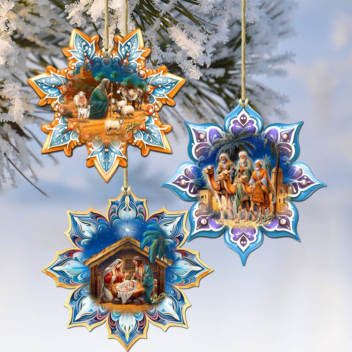 Nativity Snowflake Wooden Ornaments Set of 3 by G. Debrekht - Nativity Holiday Decor - 8090153-S3