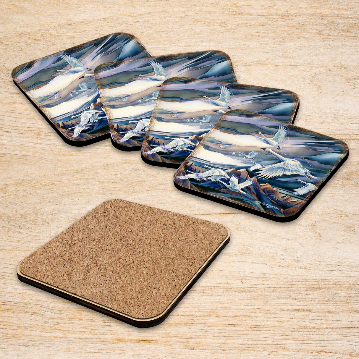 Flying Swans Wooden Cork Coasters Gift Set of 4 by J. Bergsma - Coastal Decor - 8199457C-S4