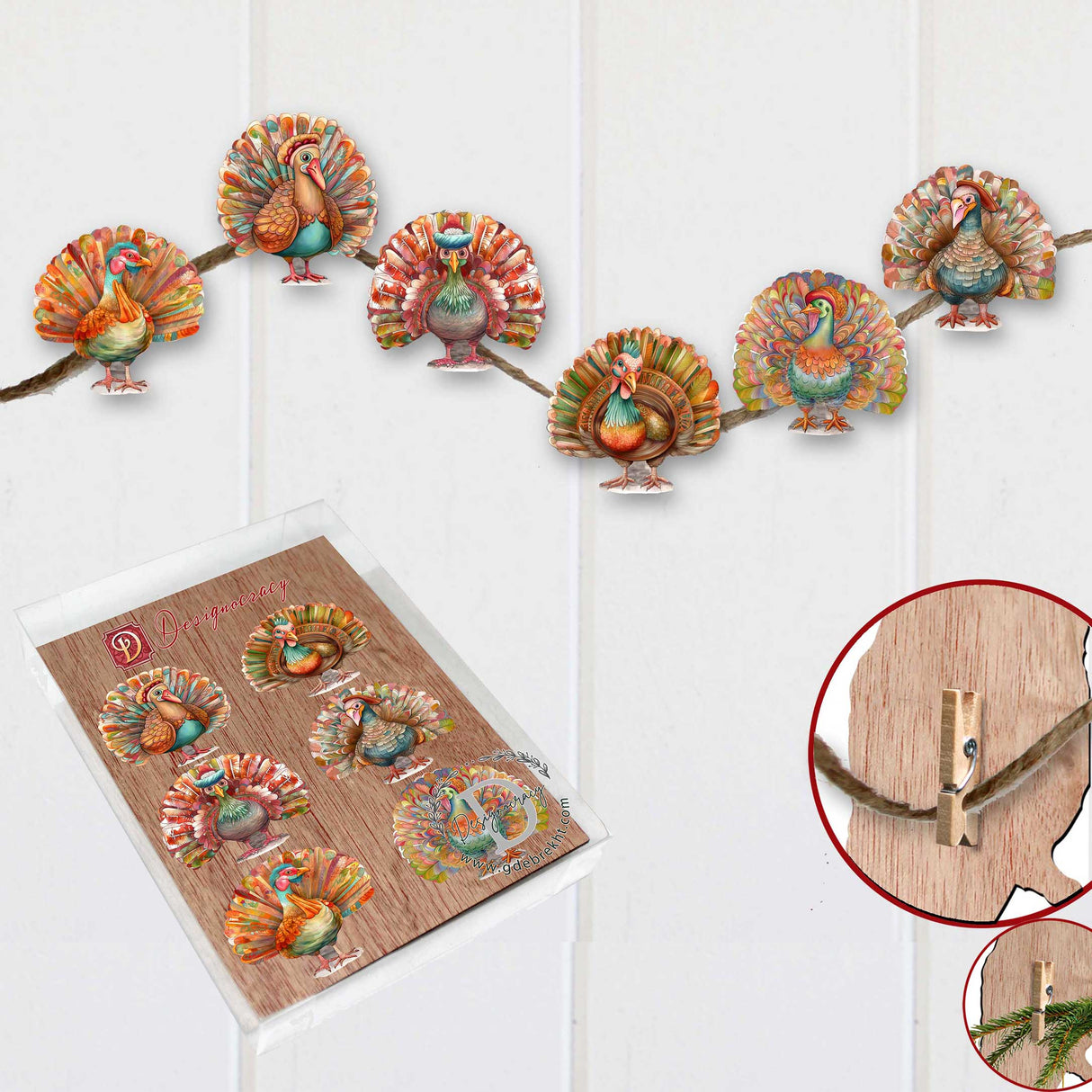 Turkey Decorative Wooden Clip-on Ornaments Set of 6 by G. Debrekht - Thanksgiving Decor - 8090027C-S6