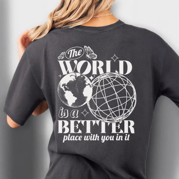 Camiseta de algodón con letras impresas en 2D, cielo estrellado y tierra