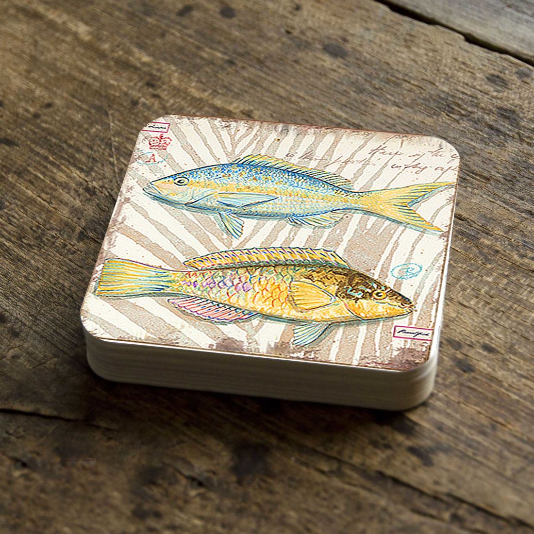 Fish Coastal Wooden Cork Coasters Gift Set of 4 by Nature Wonders - Coastal Sea-Life Decor - 8198625C-S4