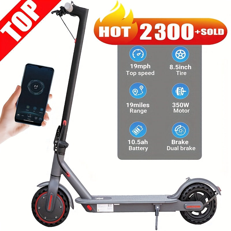 LADPED LP80 350W Foldable Electric Scooter for Adults & Teens, 8.5" Anti-skid Solid Tires, 19 Mile Range, 19MPH &3 Speed Modes, LCD Display, Puncture-Resistant, with Headlight & Taillight - Perfect for Commuting, Campus, And
