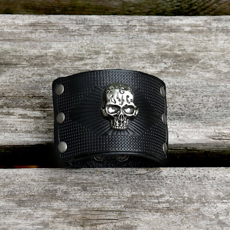 Exaggerated Skull Wide Leather Wristband Bracelet