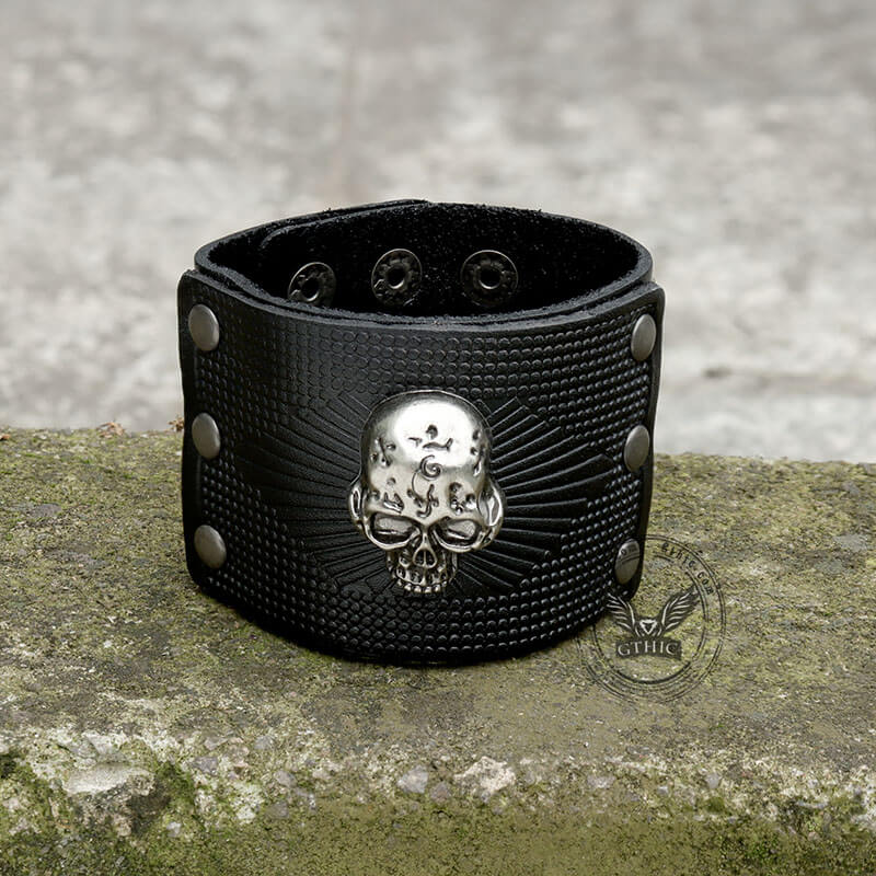 Exaggerated Skull Wide Leather Wristband Bracelet