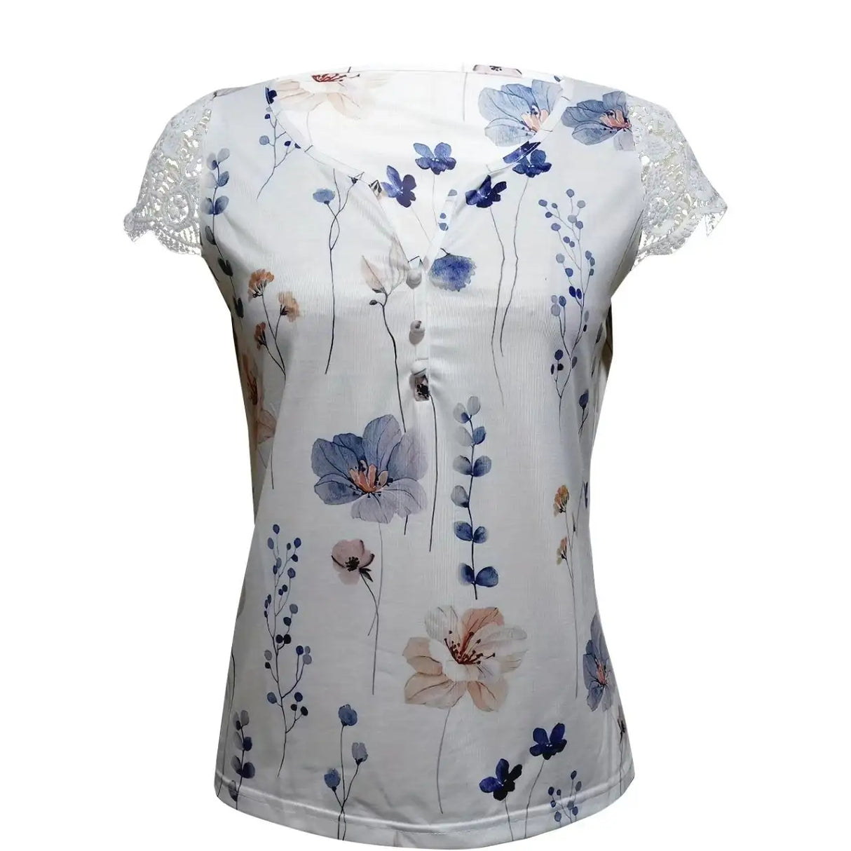 Ladies' Floral Print V-neck Button Casual Lace Patchwork Sleeve Fashionable Vacation Top Shirt - Lootquake