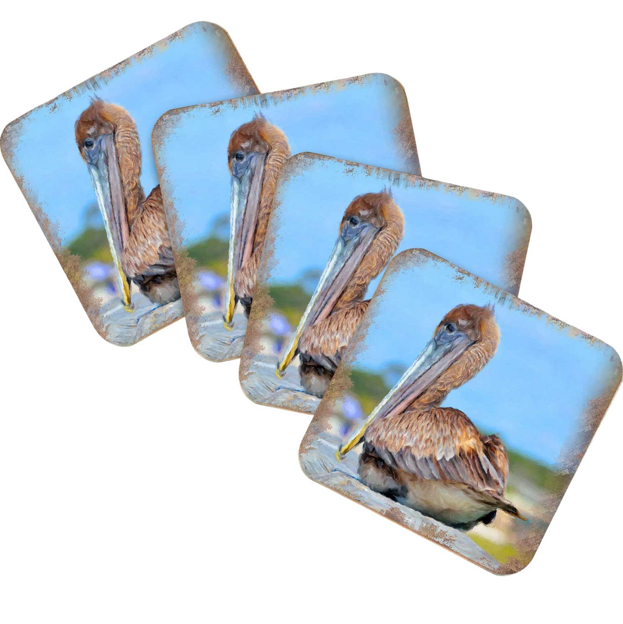 Juego de 4 posavasos de corcho de madera con diseño de pelícano de Nature Wonders - Decoración costera con motivos marinos - 95325C-S4