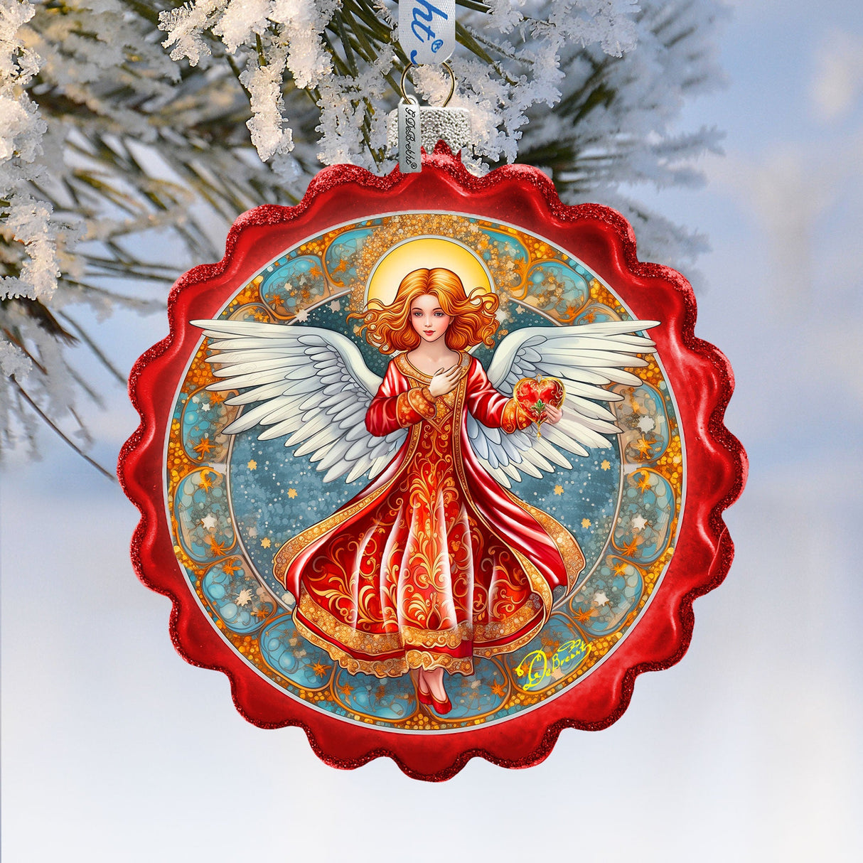 Angel with Love Wreath Glass Ornament by G. Debrekht - Nativity Holiday Decor - 759-062