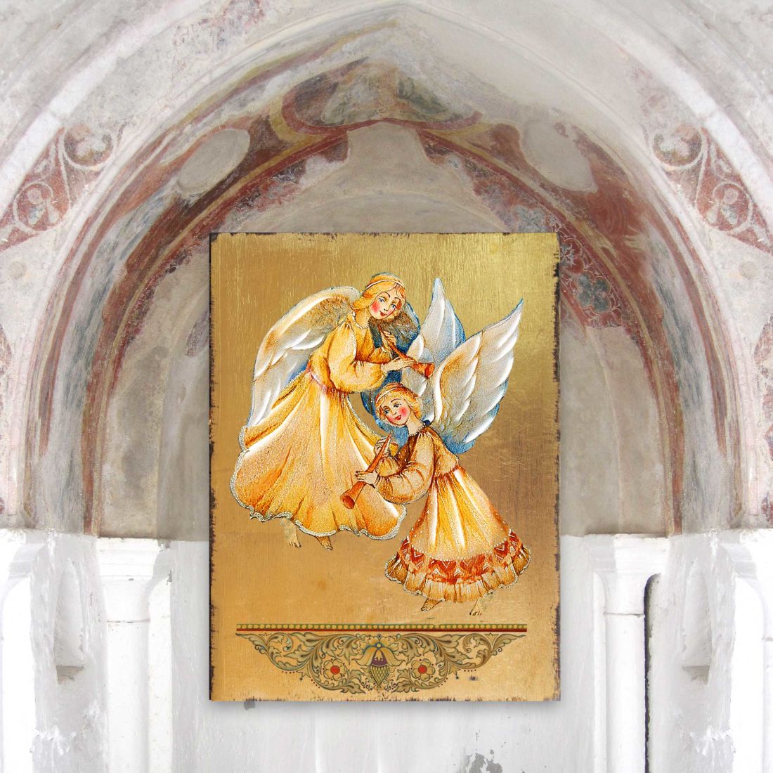 Ícono religioso cristiano sagrado de madera bañado en oro "Ángeles te cuidan" - Decoración inspiradora - 85046