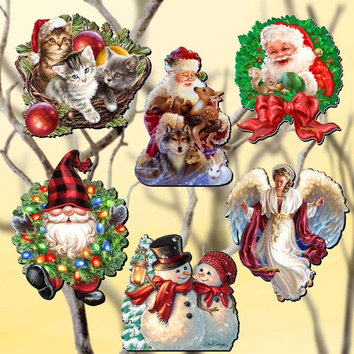 Santa and Friends Decorative Wooden Clip-on Ornaments Set of 6 by D. Gelsinger - Christmas Decor - 8090134C-S6