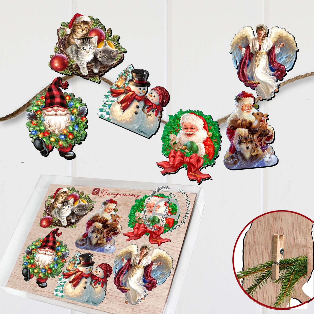 Santa and Friends Decorative Wooden Clip-on Ornaments Set of 6 by D. Gelsinger - Christmas Decor - 8090134C-S6