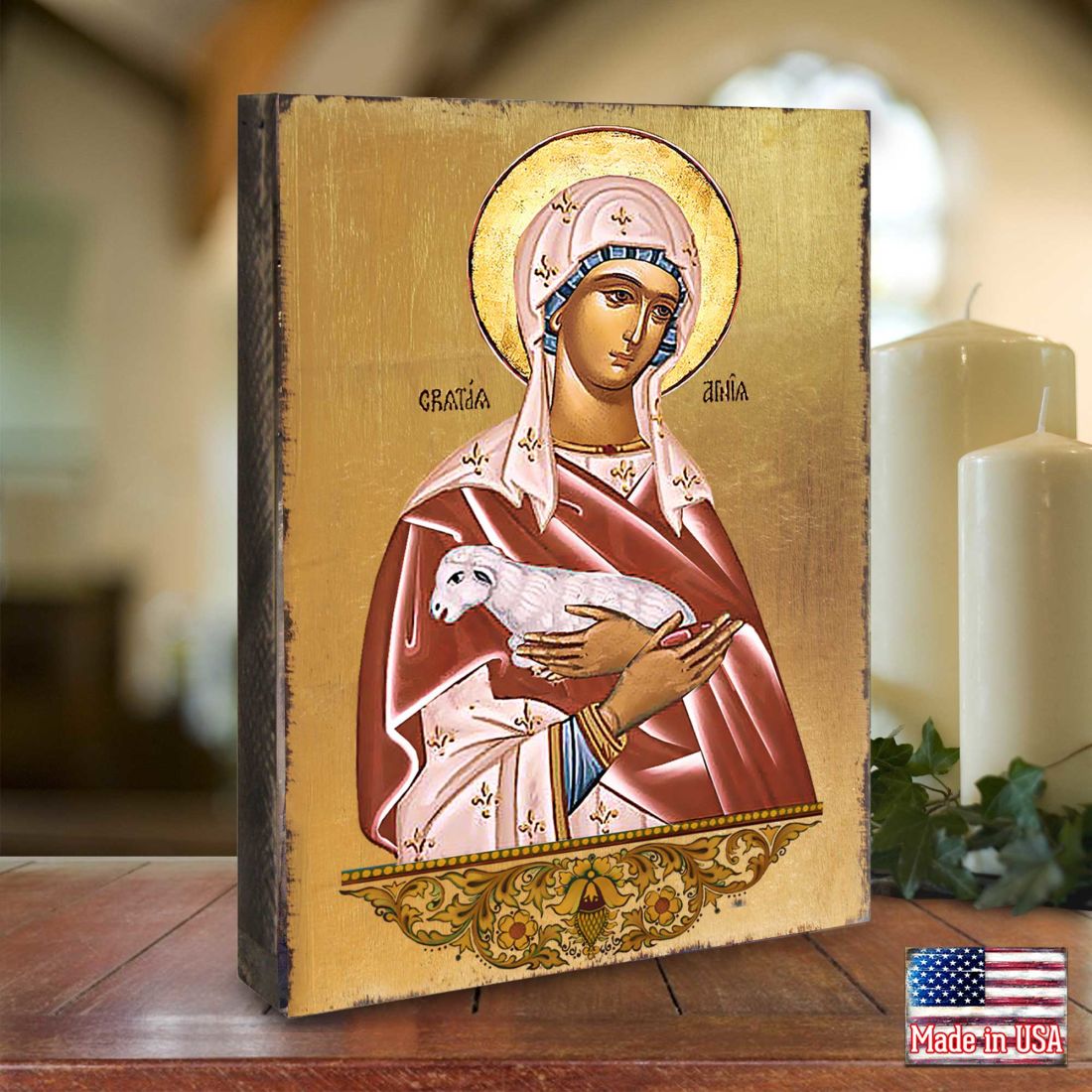 Icono religioso cristiano sagrado de Santa Agnia, de madera bañada en oro - Decoración inspiradora - 85025
