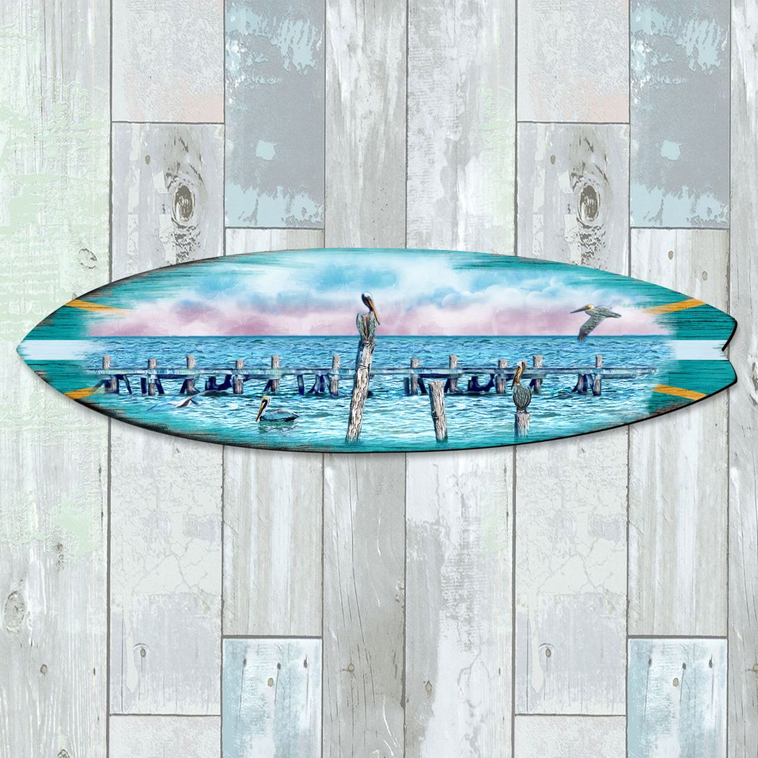 Arte costero para puerta con aves marinas, pelícanos y tabla de surf de G. DeBrekht - Decoración costera de vida marina - 8490106HS