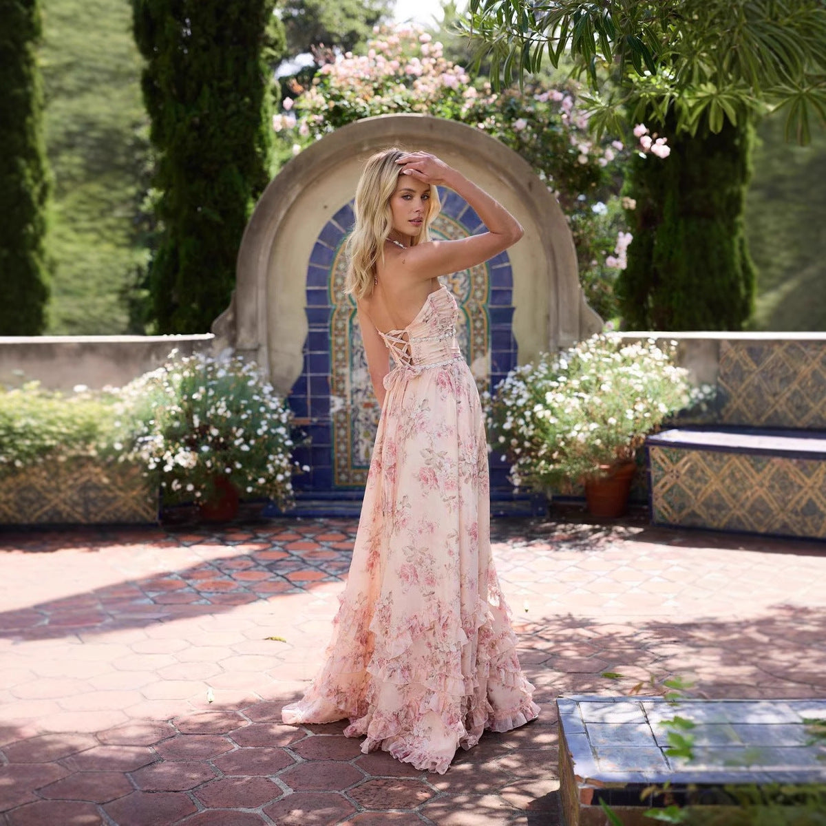 Falda de expansión ajustada estampada para vestido de tirantes de vacaciones